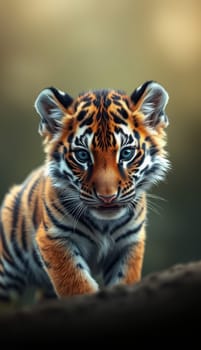 A young tiger, with striking orange and black stripes, curiously explores its lush forest surroundings. Rays of sunlight filter through the trees, highlighting its playful nature.