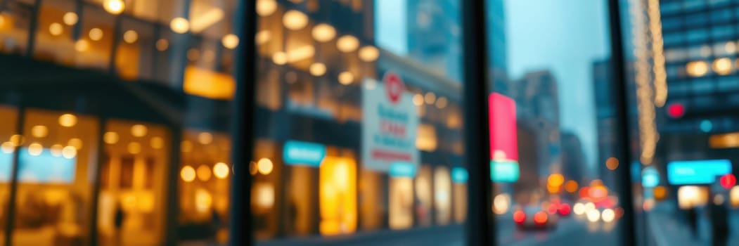 A bustling urban area seen through glass with vibrant lights illuminating the street. Storefronts showcase various colors, creating a lively atmosphere during twilight.