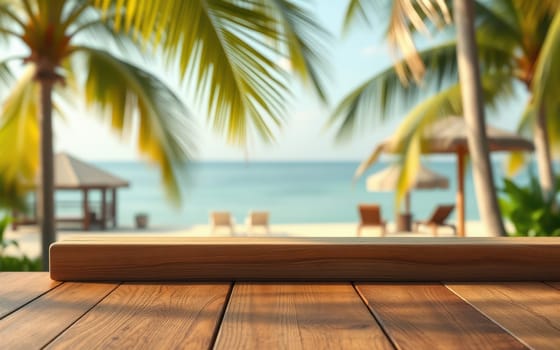 A tranquil beach scene features palm trees swaying gently in the breeze, with lounge chairs arranged invitingly on the sand. The ocean reflects the bright sunlight.