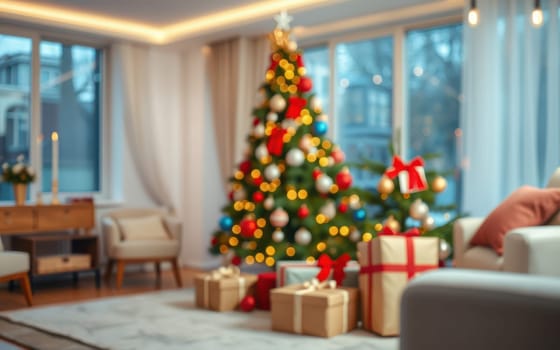 A cozy living room features a beautifully decorated Christmas tree with colorful ornaments and lights, surrounded by neatly wrapped gifts.