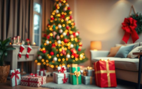 A warm and inviting living room is adorned with a beautifully lit Christmas tree, surrounded by wrapped gifts of various sizes, creating a festive atmosphere for the holidays.