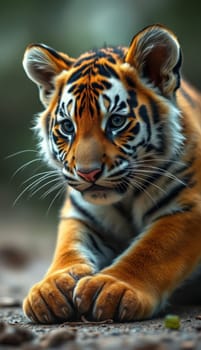 A young tiger cub is relaxing and stretching in its natural environment on a sunny afternoon. The cub displays vibrant orange fur with distinctive black stripes, showcasing its playful nature.