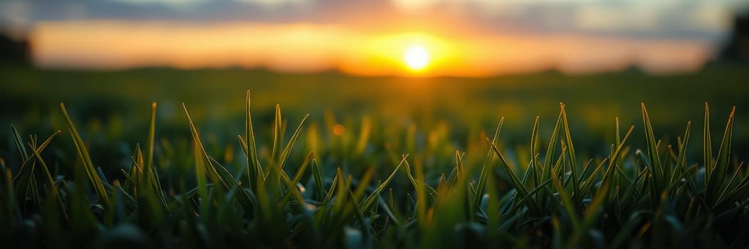 Early morning light bathes a field of lush grass as the sun rises on the horizon, creating a peaceful atmosphere and vibrant colors in the sky.