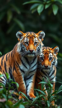 Two beautiful tigers sit close together among vibrant green foliage, demonstrating their strong bond while showcasing their stunning striped coats in a peaceful natural setting.