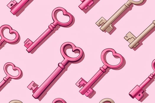 A delightful pattern featuring colorful heart-shaped keys against a soft pink background, ideal for romantic themes and playful designs.