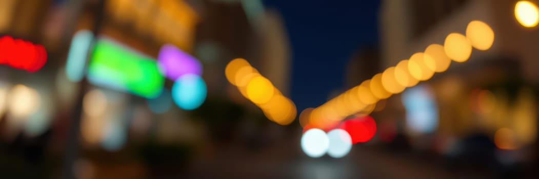 A bustling urban street filled with lights from shops and restaurants as nighttime descends. The vibrant atmosphere attracts pedestrians and vehicles alike, creating a lively urban scene.