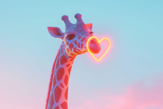 This whimsical illustration features a playful giraffe with a heart shape in its nose against a serene pastel sky. Perfect for expressing love and joy.