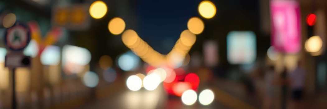 Vibrant night life fills the city street with blurred headlights and streetlights creating a dynamic atmosphere. The background exhibits colorful signs and activity from pedestrians.