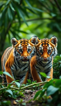 Two young tiger cubs wander through a dense green forest, playfully interacting with each other. Their distinctive fur patterns stand out in the sunlight filtering through the leaves.