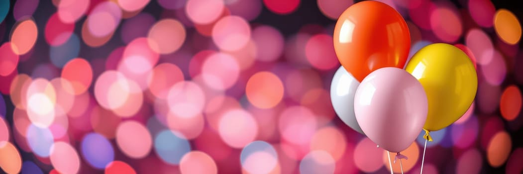 Brightly colored balloons float against a vibrant, blurred background filled with a mix of soft lights, creating a joyful atmosphere typical of evening celebrations.