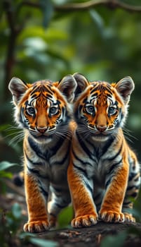 Two adorable tiger cubs stand closely together amidst dense greenery, curiously gazing at their surroundings in a vibrant jungle setting during the day.