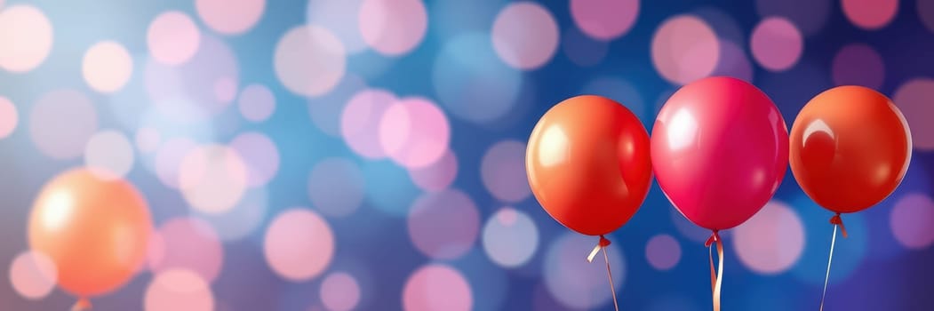 Three red balloons are prominently displayed against a blurred bokeh background, creating a cheerful atmosphere perfect for celebrations.