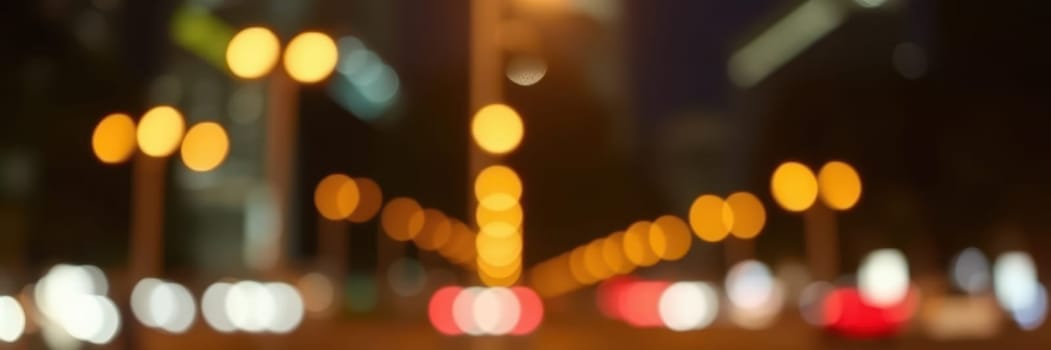 A bustling urban street is filled with glowing lights at night, showcasing the movement of cars and pedestrians against a blurred background. The energetic ambiance captures life in the city.