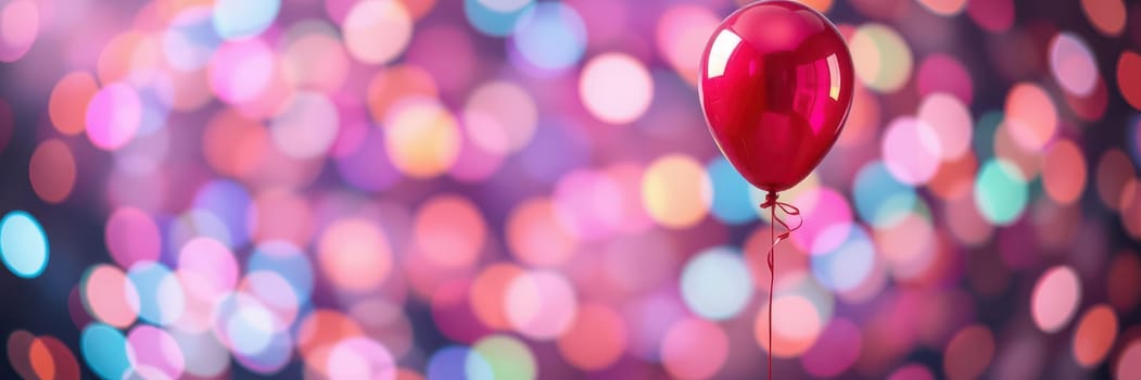 A vibrant red balloon dangles in the air, illuminated by a blur of colorful lights in the background, creating a joyful atmosphere perfect for a celebration or party.