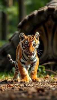 A young tiger explores its lush forest environment, showcasing its playful demeanor.