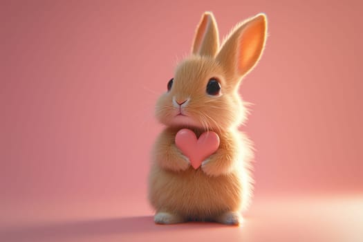 This adorable baby bunny holds a heart symbol, set against a soft pink background. Ideal for love themes, this cute and furry pet radiates joy and warmth.