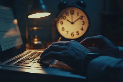 A focused individual types on a laptop in a dimly lit workspace, accompanied by a ticking clock, capturing the essence of late-night productivity and creativity.