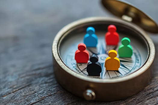 A collection of colorful tokens representing diverse individuals arranged around a vintage compass, symbolizing guidance, teamwork, and collaboration in a journey of exploration and growth.
