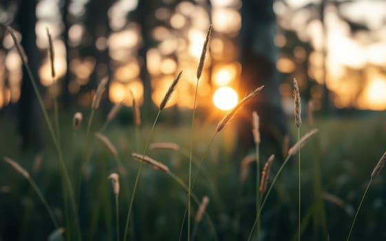 Tall grasses sway gently in a tranquil forest as the sun sets, casting warm golden light through the trees in a peaceful evening atmosphere.