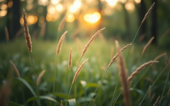 Golden rays of sunlight filter through trees, casting a warm glow over gently swaying tall grass. This tranquil moment captures nature's beauty at dusk.