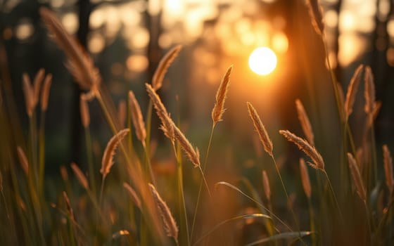 Tall grass sways gently in the meadow as the sun sets, casting a warm golden glow across the landscape and creating a tranquil atmosphere.