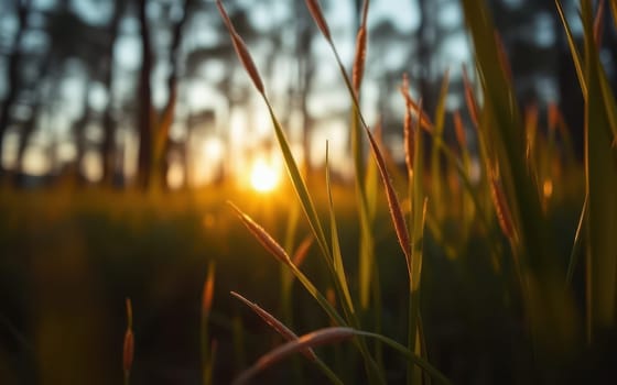 Soft sunlight filters through tall grass blades in a serene forest during sunset, creating a tranquil atmosphere filled with warm colors and natural beauty.