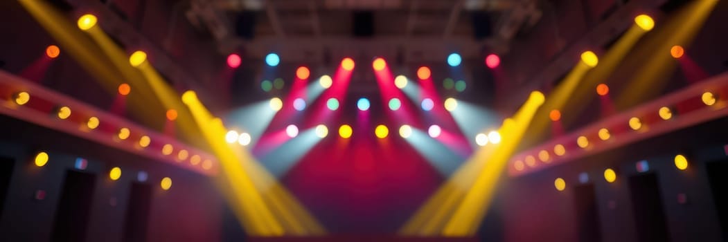 Bright stage lights in various colors create an energetic atmosphere in a performance venue at night, showcasing the excitement of live entertainment and music.