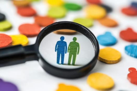 A magnifying glass highlights colorful shapes of people against a backdrop of vibrant circular tokens, symbolizing community, diversity, and collaboration.
