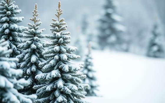 Evergreen trees are blanketed with fresh snow in a tranquil winter landscape. The soft falling snow creates a peaceful atmosphere among the picturesque scenery.
