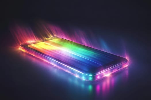 This captivating image features a smartphone emitting vibrant light effects, showcasing a colorful spectrum against a dark backdrop, perfect for technology-themed projects.
