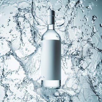 Transparent bottle filled with liquid is standing in the middle of a big splash of water, creating interesting shapes and reflections