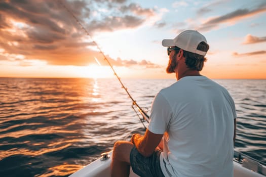 A man sits peacefully on a boat, fishing at sunset as the sun casts golden light across the calm water and dramatic sky.