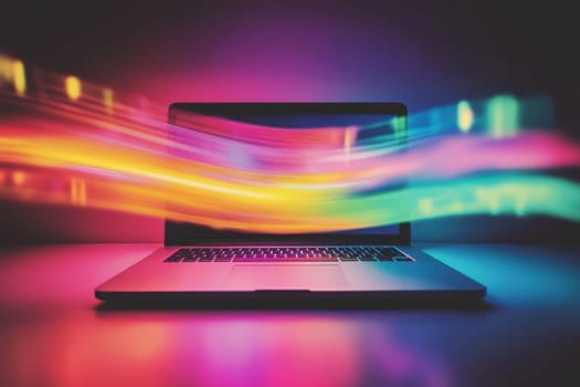 A stunning representation of vibrant light trails emanating from a laptop, showcasing a blend of colors against a dark background, ideal for digital art themes.