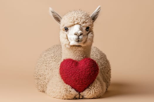 An adorable alpaca poses with a heart-shaped cushion, radiating love and affection against a soft beige background. Perfect for conveying warmth.