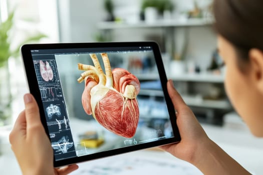 Explore a detailed visual representation of the human heart anatomy displayed on a digital tablet, showcasing medical diagrams for educational purposes.