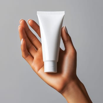 A hand elegantly showcases a minimalist cream tube highlighting the beauty of skincare in a serene environment.