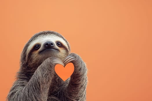 A charming sloth holds an orange heart symbol, expressing love and affection. The warm orange background creates a cheerful, playful atmosphere.