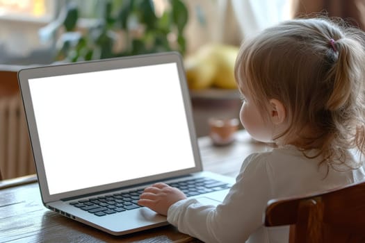 A young child interacts with a laptop in a cozy home environment, with natural light streaming through the window, encouraging curiosity and engagement.