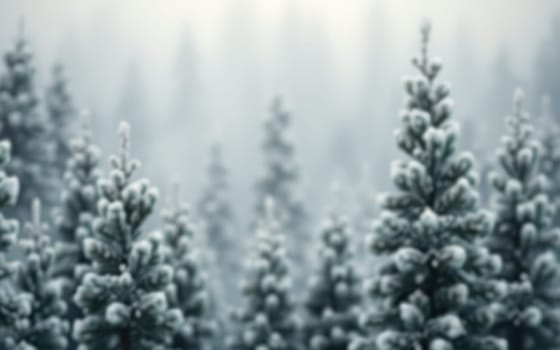 Pine trees blanket the forest in snow, creating a tranquil winter atmosphere. Fog adds an element of mystery to the serene surroundings, evoking peace and calm.