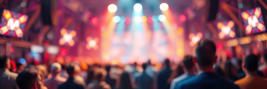 A large audience gathers in a crowded venue, immersed in a concert atmosphere with bright lights and engaging performances. The excitement is palpable as music fills the air.