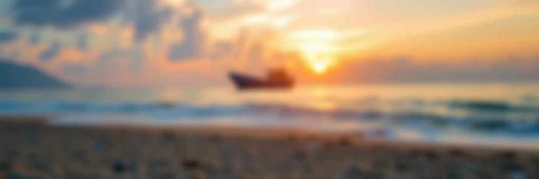 A vibrant sunset casts warm colors over the ocean as a boat rests on the water's surface. Gentle waves lap the sandy beach, creating a serene atmosphere at dusk.