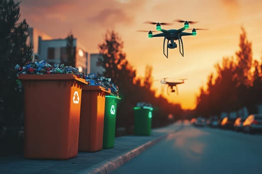 A sunset view features drones hovering over colorful recycling bins filled with waste in an urban setting. This image highlights the intersection of technology and environmental responsibility.