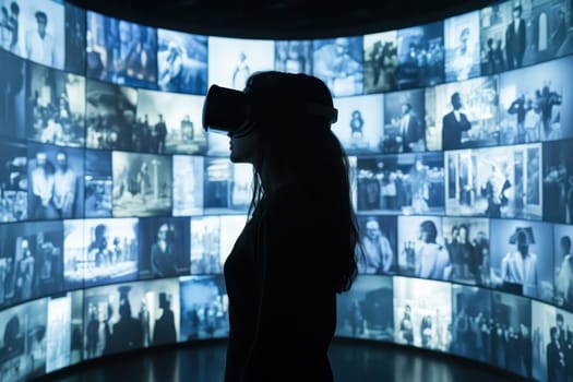 A woman stands in profile wearing a virtual reality headset, surrounded by a captivating wall of images, evoking imagination and exploration.