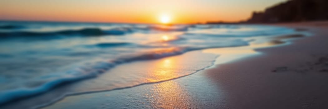 Golden sunlight reflects off the ocean as gentle waves lap against the sandy beach at sunset, creating a serene atmosphere along the coast.