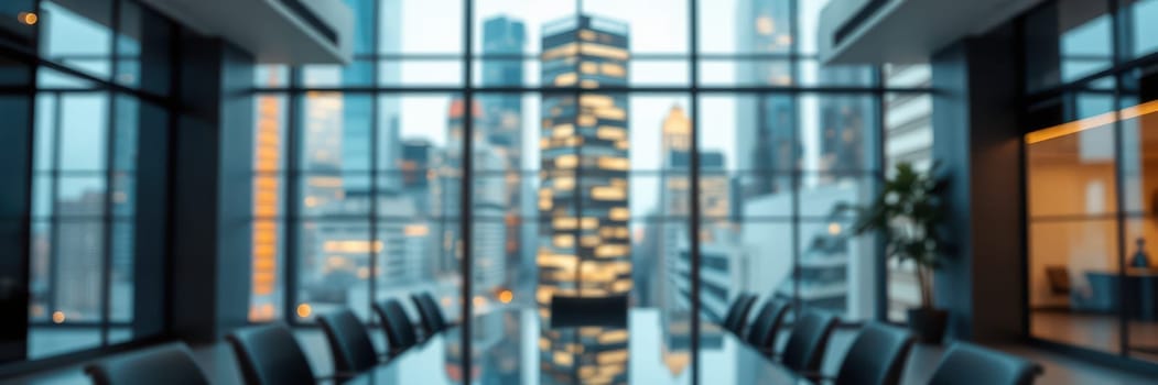 A contemporary conference room is illuminated by city lights in the background, showcasing a panoramic view of a bustling urban skyline at dusk.
