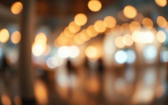 Softly glowing lights fill a vibrant indoor space with a warm ambiance, as people move around, engaging in conversation and activities during the evening.
