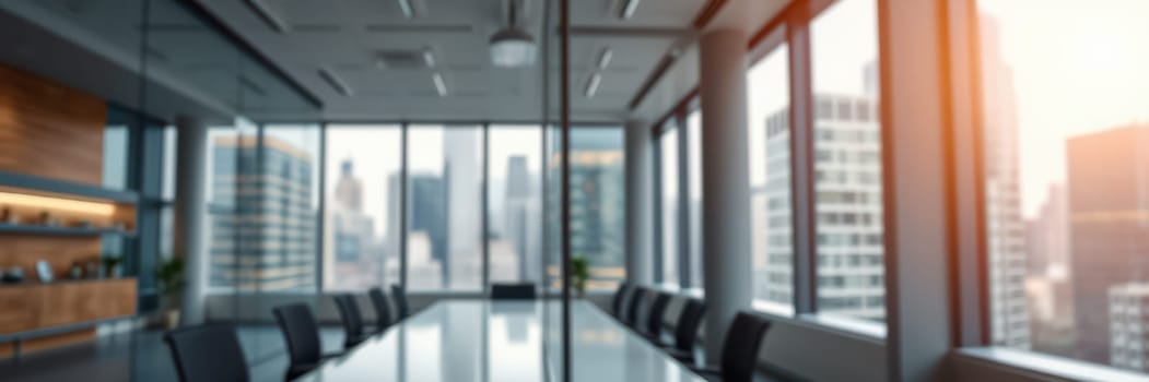 A sleek conference room features a long table and black chairs. Large glass windows reveal a vibrant city skyline bathed in evening light, creating a professional atmosphere.