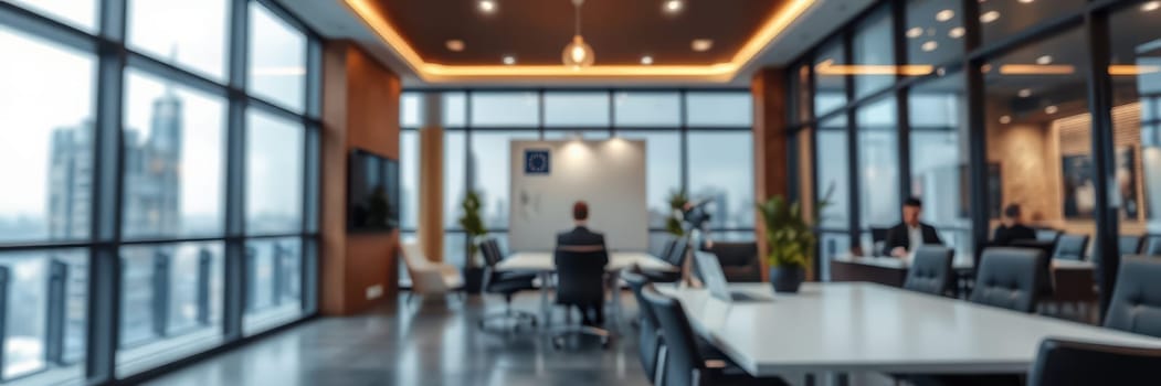 In a sleek, modern office, professionals are engaged in various tasks. The large windows reveal a city skyline, and plants add a touch of greenery to the workspace.