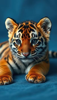 A young tiger lies comfortably on a blue surface, showcasing its vibrant orange and black striped coat along with striking blue eyes, highlighting its playful yet peaceful demeanor.