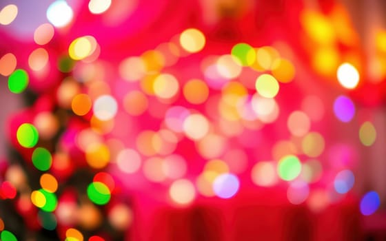 Twinkling lights create a festive atmosphere, with a Christmas tree in focus and vibrant colors illuminating the surroundings. The warm glow enhances the holiday spirit.